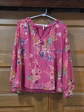 Cato Floral Button-Tie Blouse in Rose Pink